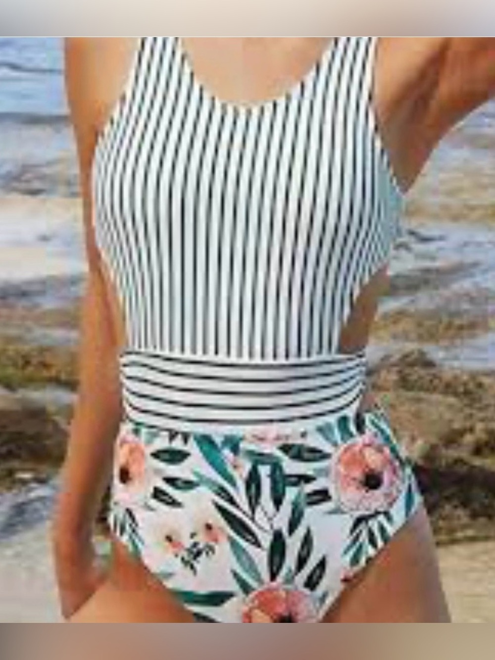 Cupshe Striped Floral One Piece Swimsuit Cut Out Zip Up Swimwear Women's Sz Med